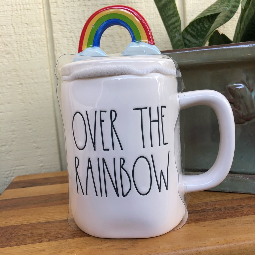Rae Dunn “OVER THE RAINBOW” mug with topper